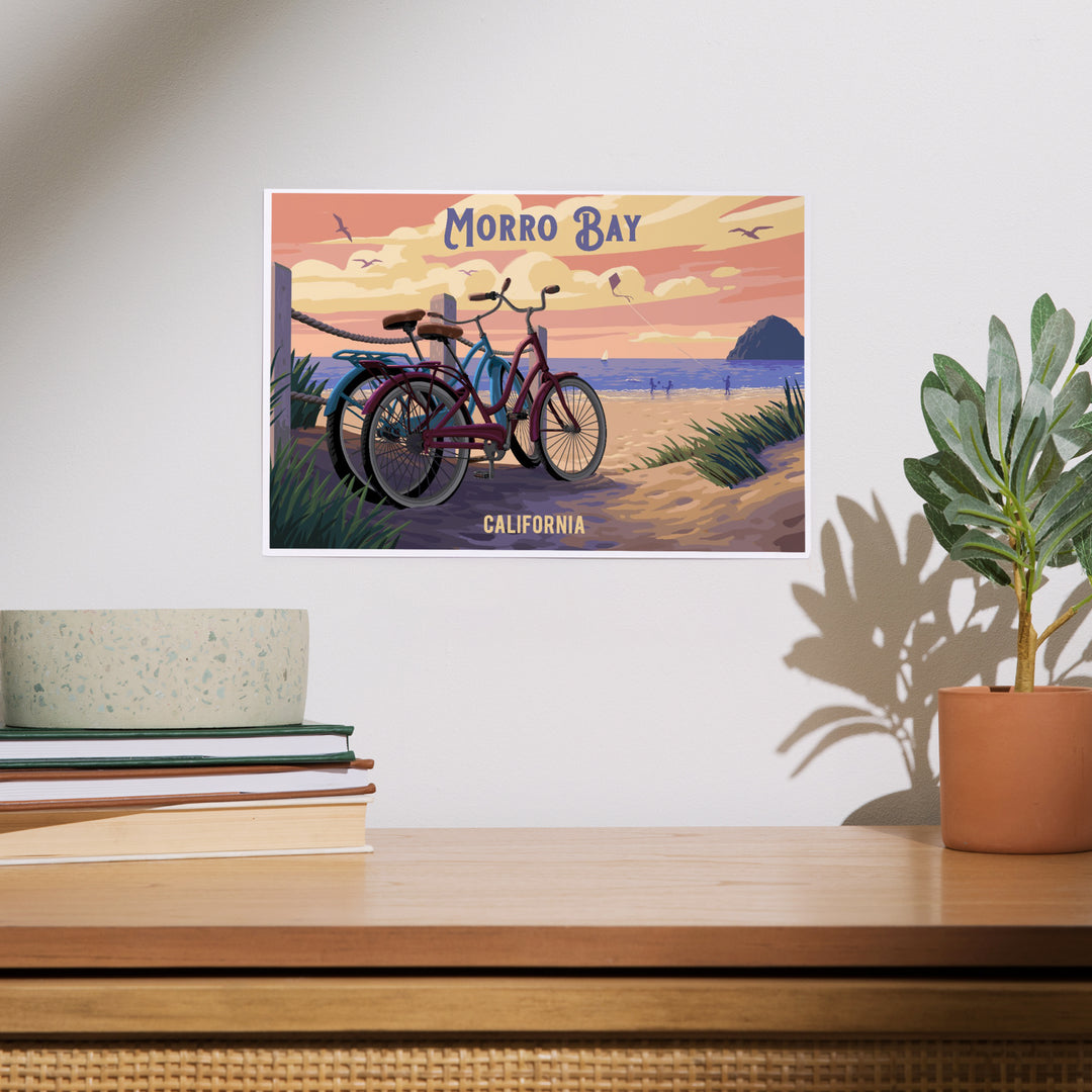 Morro Bay, California, Painterly, The Beach Is Calling, Beach Bikes art prints, metal signs