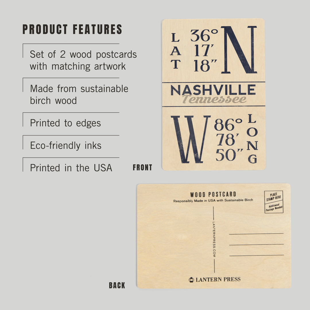 Nashville, Tennessee, Latitude and Longitude, Wood Sign and Postcards