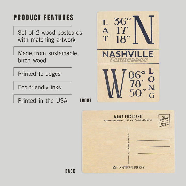 Nashville, Tennessee, Latitude and Longitude, Wood Sign and Postcards