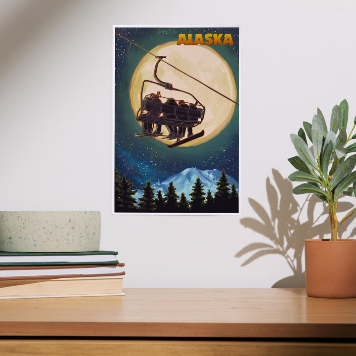Alaska, Ski Lift and Full Moon, Snowboard, Art & Giclee Prints