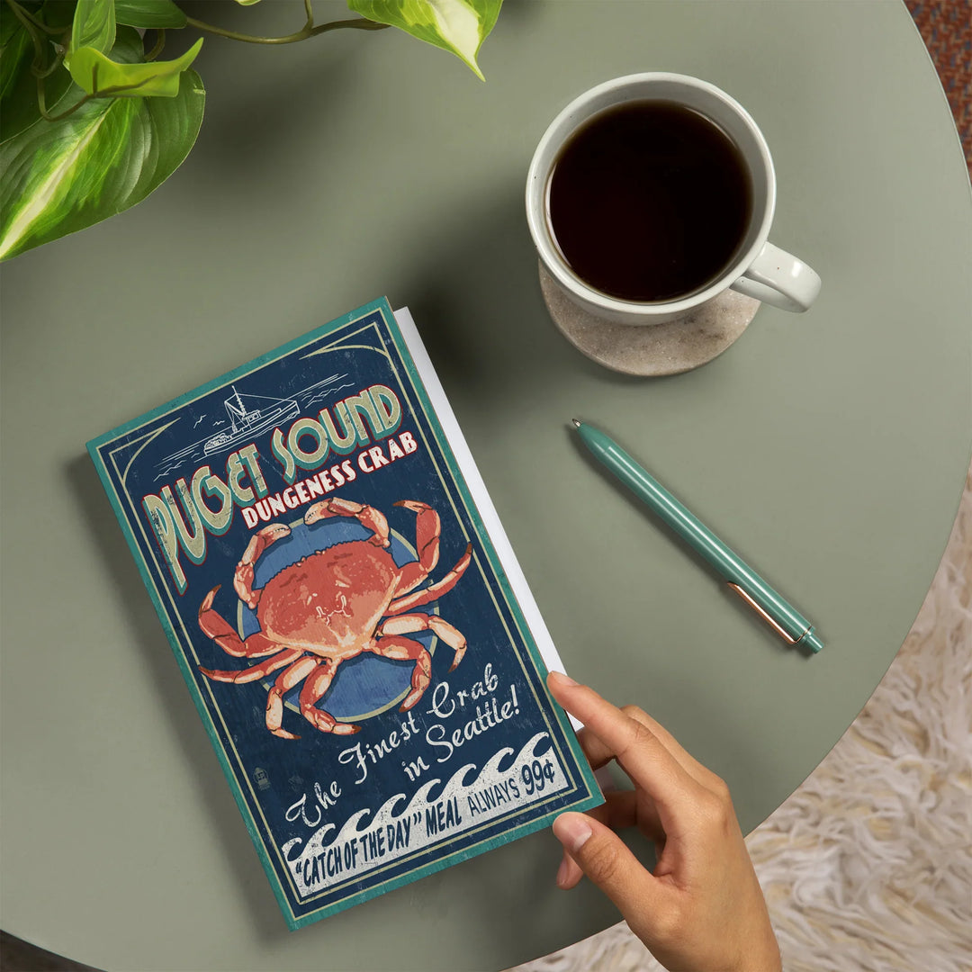 Lined 6x9 Journal, Seattle, Washington, Dungeness Crab Vintage Sign, Lay Flat, 193 Pages, FSC paper