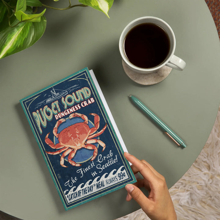 Lined 6x9 Journal, Seattle, Washington, Dungeness Crab Vintage Sign, Lay Flat, 193 Pages, FSC paper