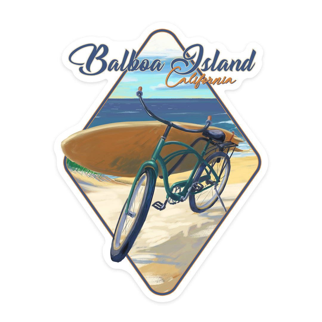 Balboa Island, California, Beach Cruiser on Beach, Contour, Lantern Press Artwork, Vinyl Sticker