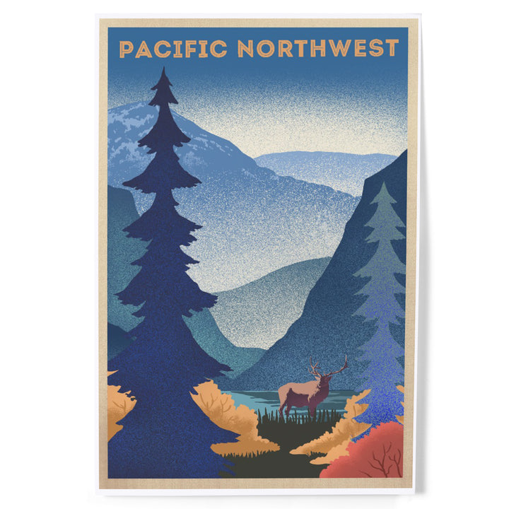 Pacific Northwest, Elk and Mountain Scene, Lithograph, Art & Giclee Prints