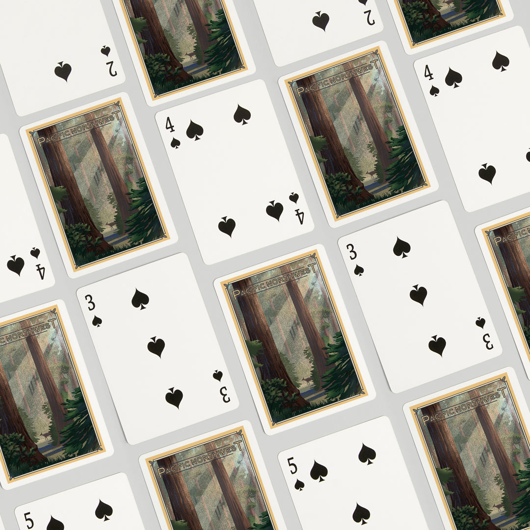 Playing Cards, Pacific Northwest, Deer in Forest, Lithograph, 52 Card Deck with Jokers in Box, Unique Art