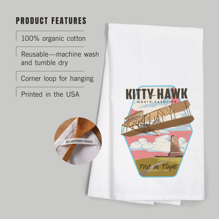 Kitty Hawk, North Carolina, First in Flight, Contour, Organic Cotton Kitchen Tea Towels