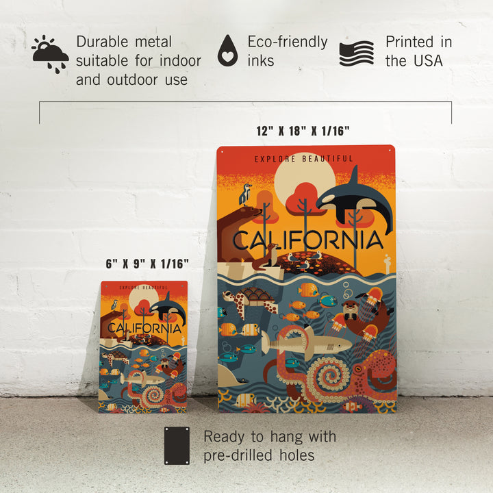 California, Marine Animals, Geometric, Metal Signs - Lantern Press