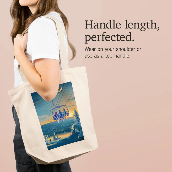 Whitefish, Montana, Lithograph, Chairlift, Tote Bag