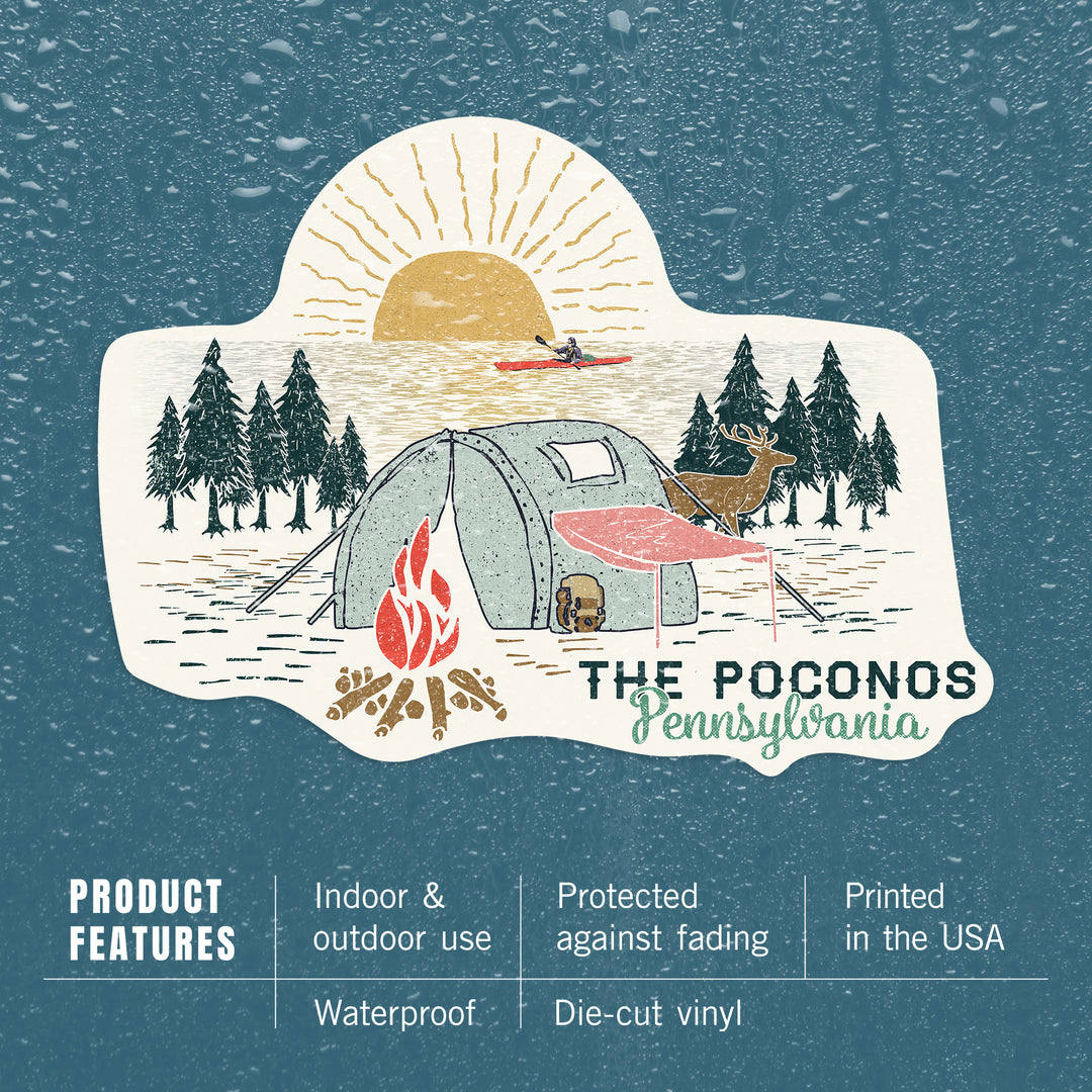 Poconos, Pennsylvania, Happy Camper, Tent, Distressed Vector Shape, Vinyl Sticker