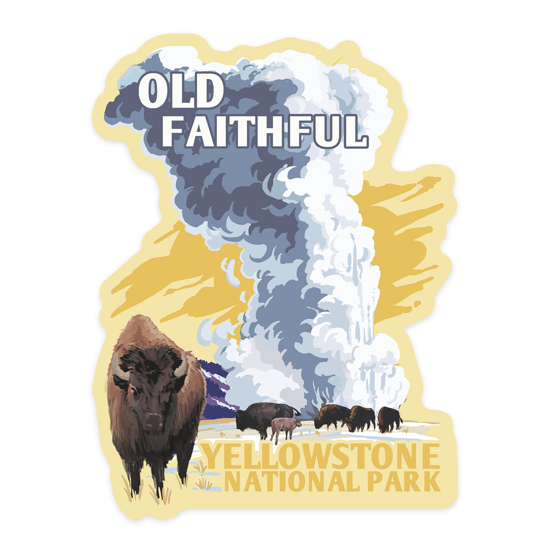 Yellowstone National Park, Wyoming, Old Faithful Geyser, WPA Style, Contour, Lantern Press Artwork, Vinyl Sticker