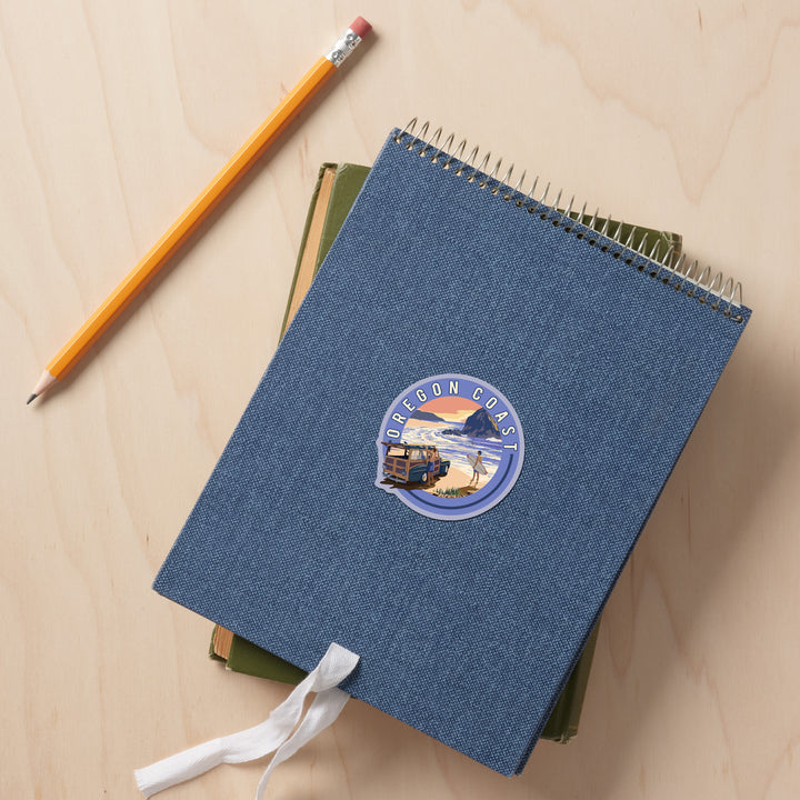 Oregon Coast, Woody with Haystack Rock, Vinyl Sticker