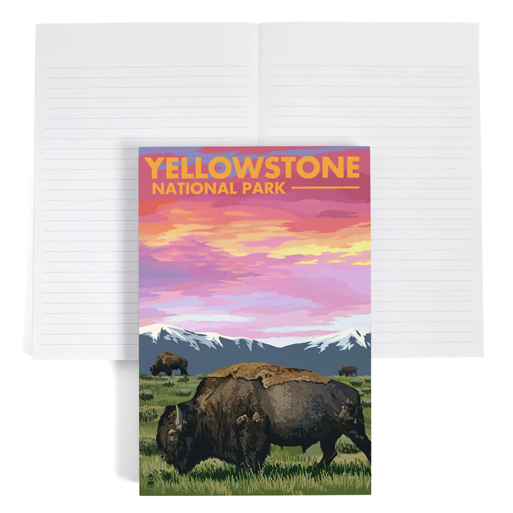 Lined 6x9 Journal, Yellowstone National Park, Bison and Sunset, Lay Flat, 193 Pages, FSC paper