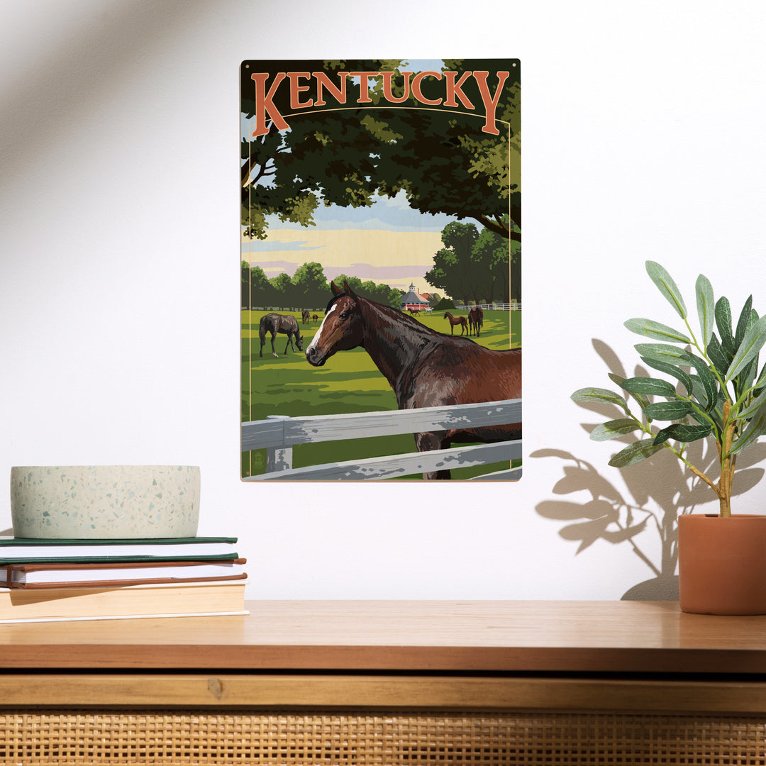 Kentucky, Thoroughbred Horses Farm Scene, Wood Sign and Postcards