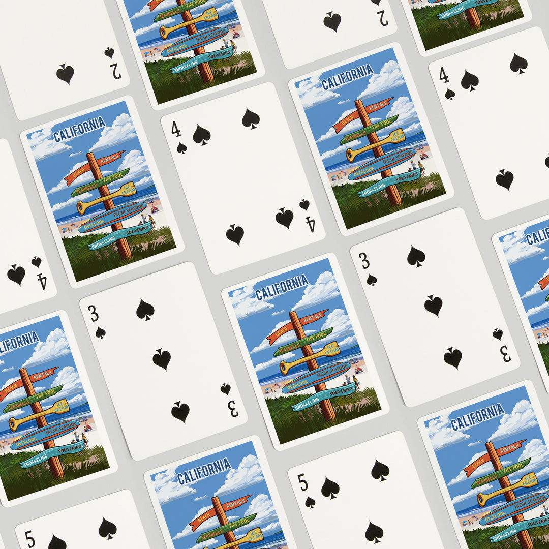 Playing Cards, California, Signpost, Coast Beach with Umbrellas, 52 Card Deck with Jokers in Box, Unique Art