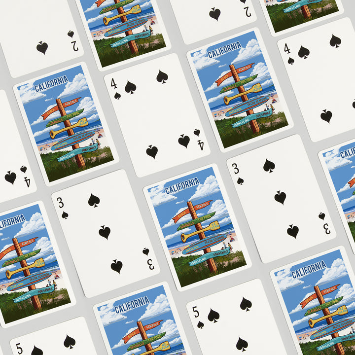 Playing Cards, California, Signpost, Coast Beach with Umbrellas, 52 Card Deck with Jokers in Box, Unique Art