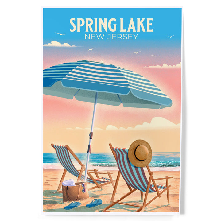 Spring Lake, New Jersey, Lithograph, Beach Chair and Umbrella art prints, metal signs