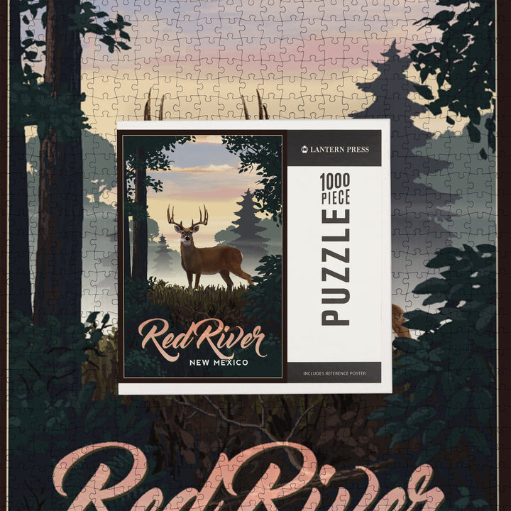 Red River, New Mexico, Painterly, Deer and Sunrise, Jigsaw Puzzle