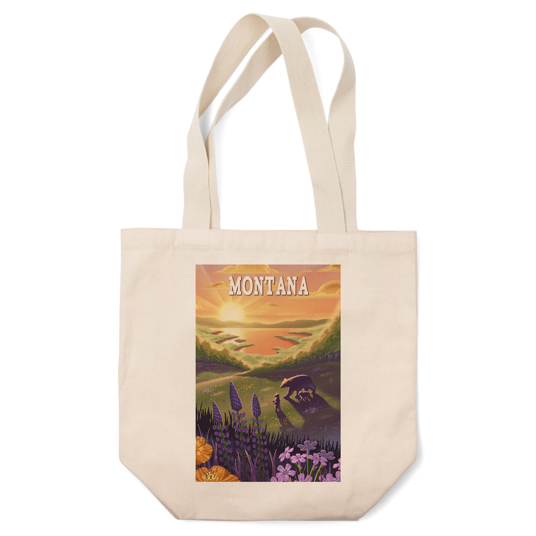 Montana, Bear and Spring Flowers, Lithograph, Tote Bag