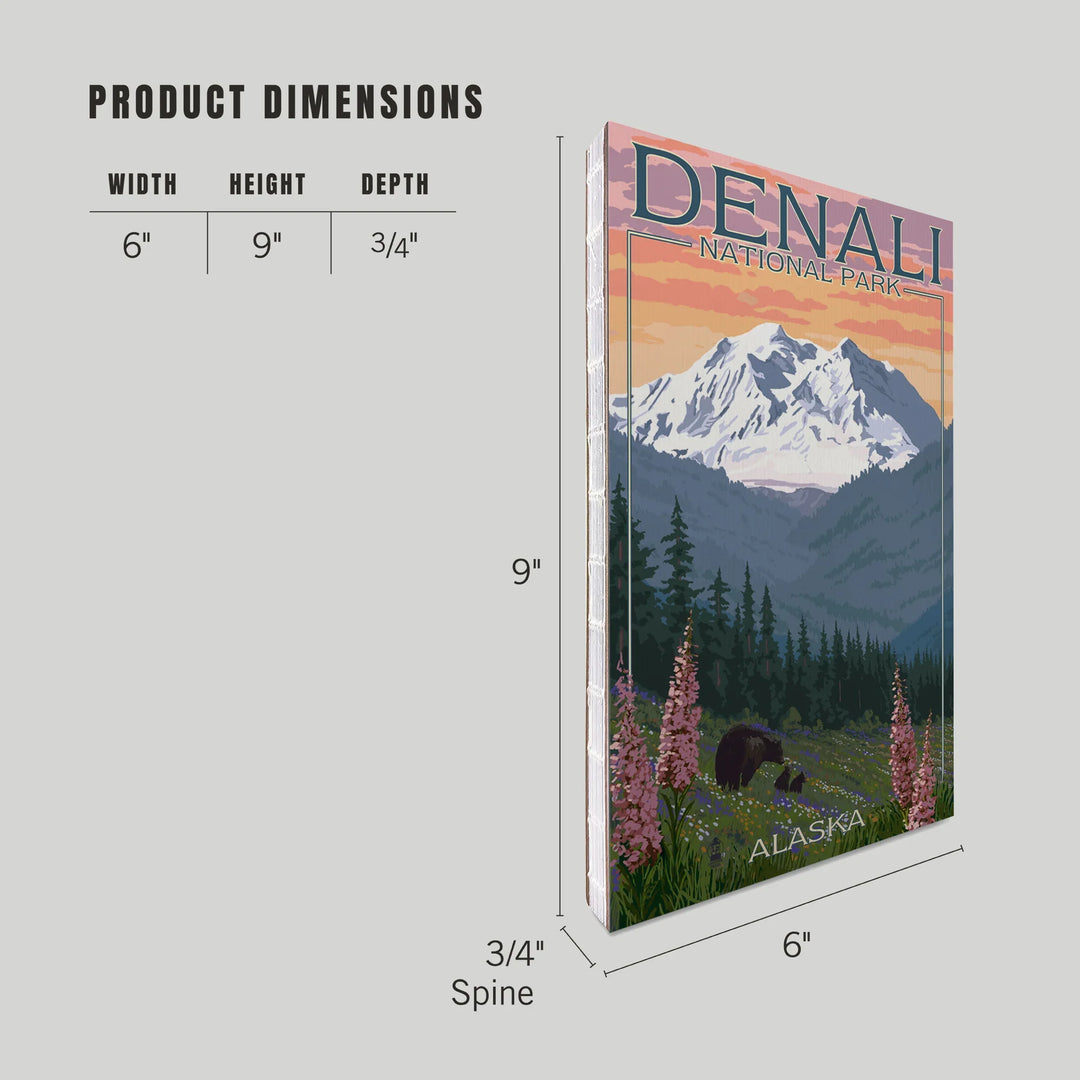 Lined 6x9 Journal, Denali National Park, Alaska, Bear and Cubs with Flowers, Lay Flat, 193 Pages, FSC paper