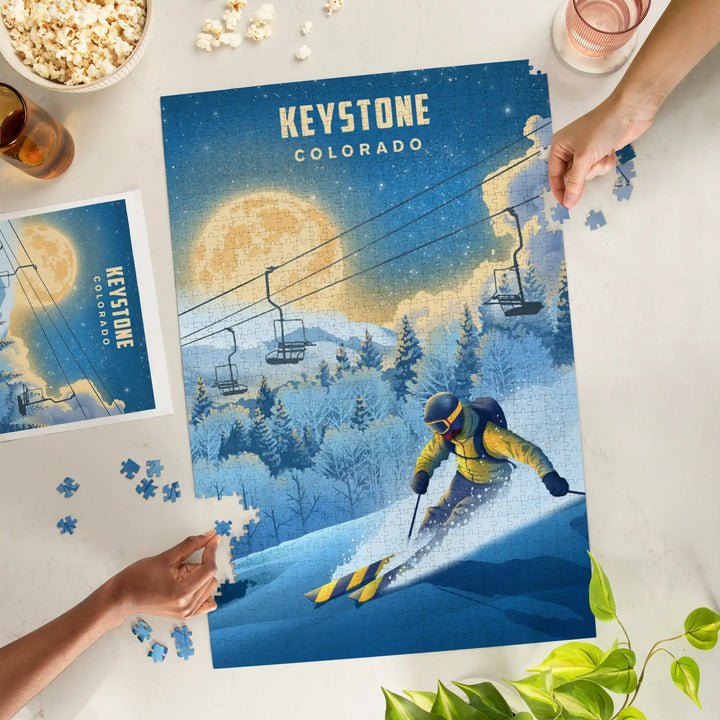 Keystone, Colorado, Lithograph, Night Ski, Jigsaw Puzzle