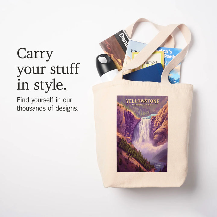 Yellowstone National Park, Wyoming, Oil Painting, Yellowstone Falls, Tote Bag