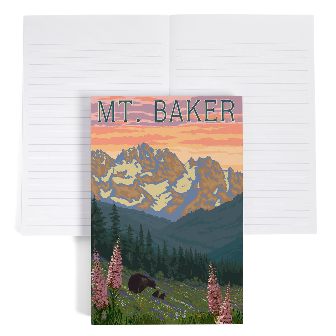Lined 6x9 Journal, Mt. Baker, Washington, Bear and Spring Flowers, Lay Flat, 193 Pages, FSC paper
