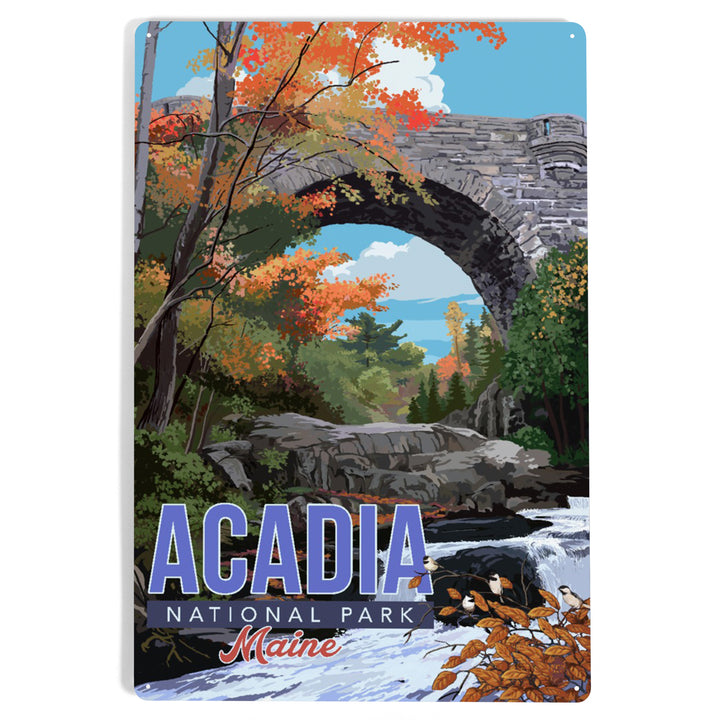 Acadia National Park, Maine, Stone Bridge Illustration, Metal Signs