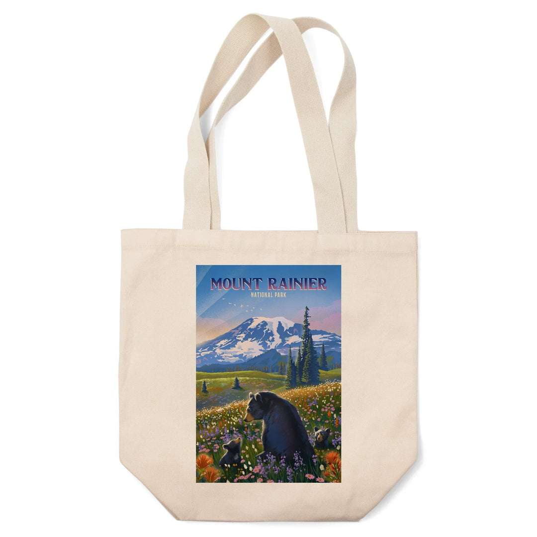 Mount Rainier National Park, Washington, Painterly, Bear Family in Field, Tote Bag