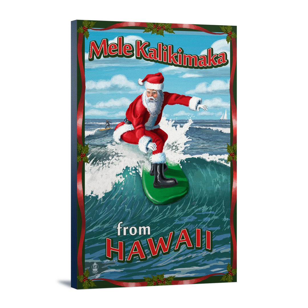 Merry Christmas from Hawaii, Santa Surfing, Lantern Press Artwork, Stretched Canvas