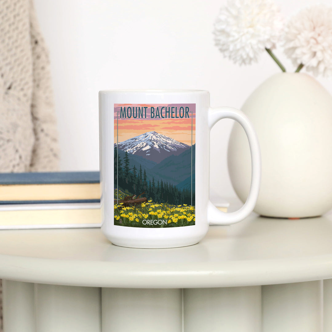 Mt. Bachelor, Oregon, Pine Martin and Flowers, Lantern Press Artwork, Ceramic Mug