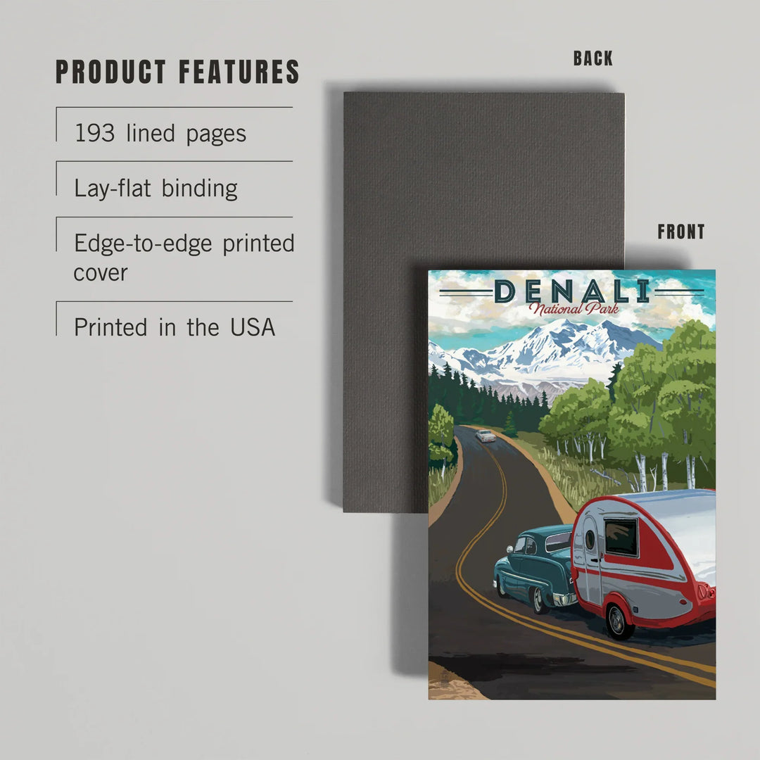 Lined 6x9 Journal, Denali National Park, Alaska, Retro Camper on Road, Lay Flat, 193 Pages, FSC paper