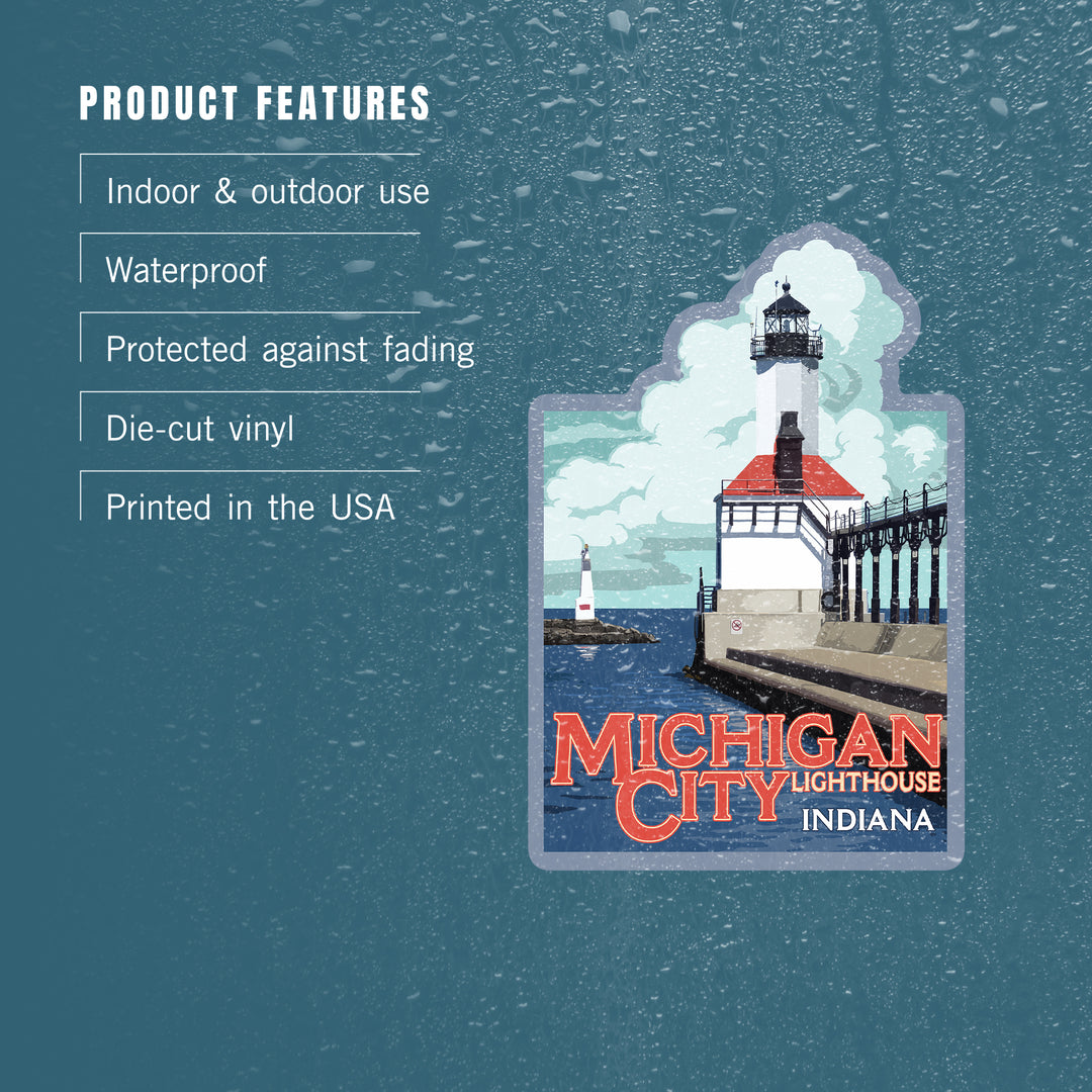 Indiana, Michigan City Lighthouse, Contour, Lantern Press Artwork, Vinyl Sticker