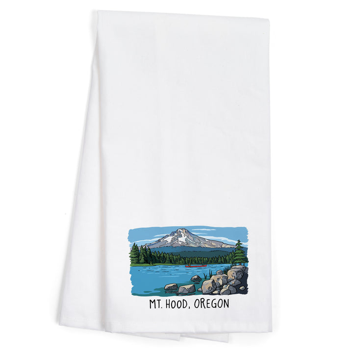 Mount Hood, Oregon, River and Mountain, Line Drawing, Organic Cotton Kitchen Tea Towels