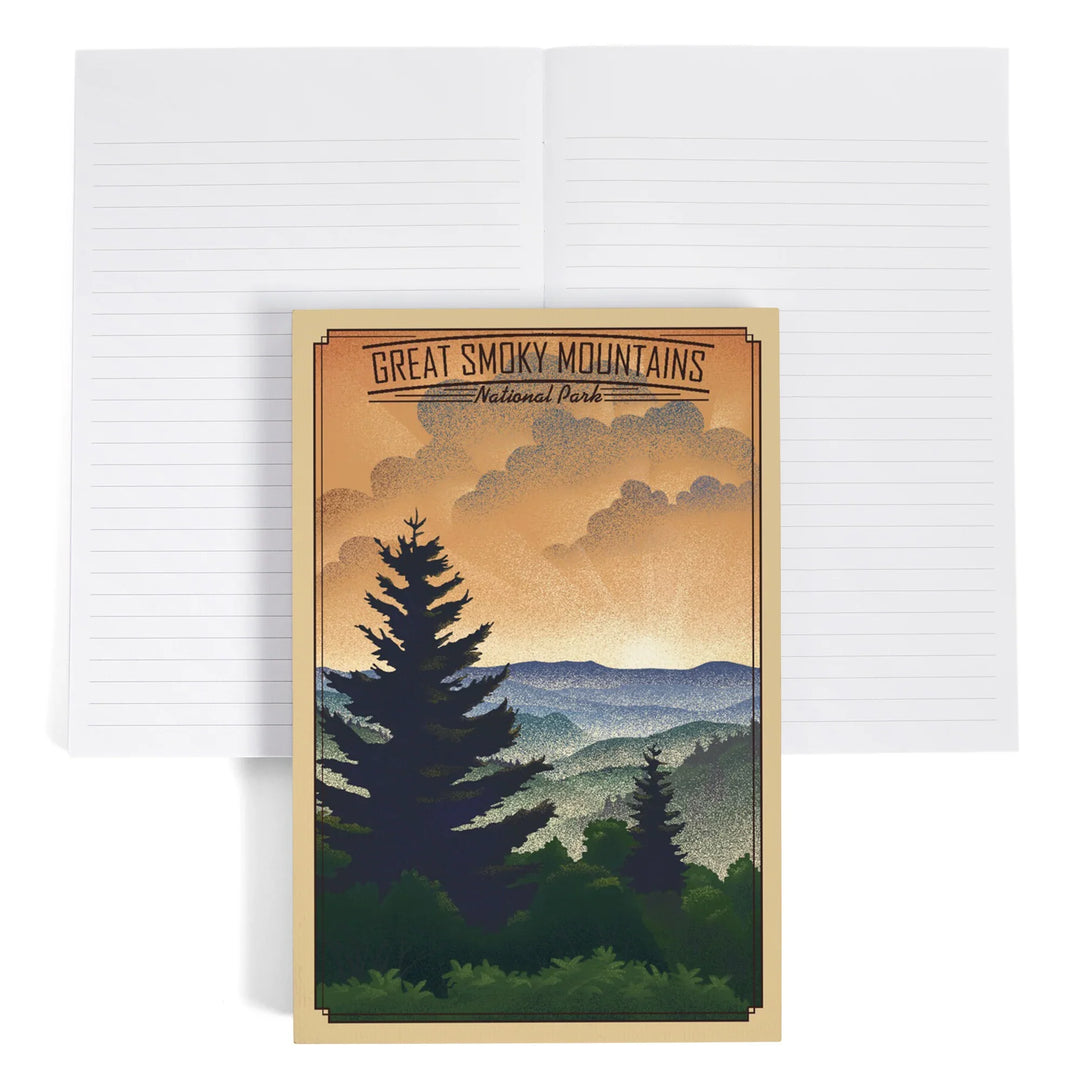 Lined 6x9 Journal, Great Smoky Mountains National Park, Lithograph National Park Series, Lay Flat, 193 Pages, FSC paper