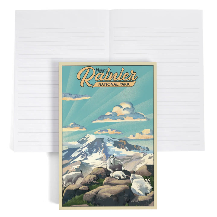 Lined 6x9 Journal, Mount Rainier National Park, Lithograph, Goats, Lay Flat, 193 Pages, FSC paper