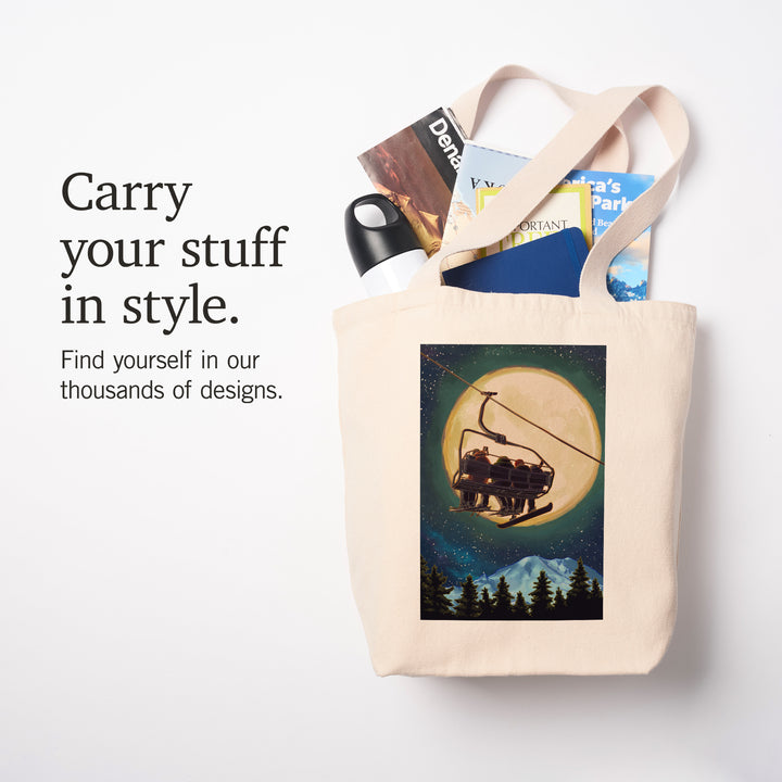 Ski Lift and Full Moon with Snowboarder, Tote Bag