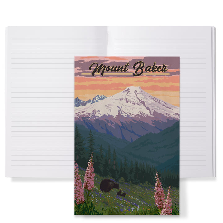Lined 6x9 Journal, Mount Baker, Washington, Bears and Spring Flowers, Lay Flat, 193 Pages, FSC paper
