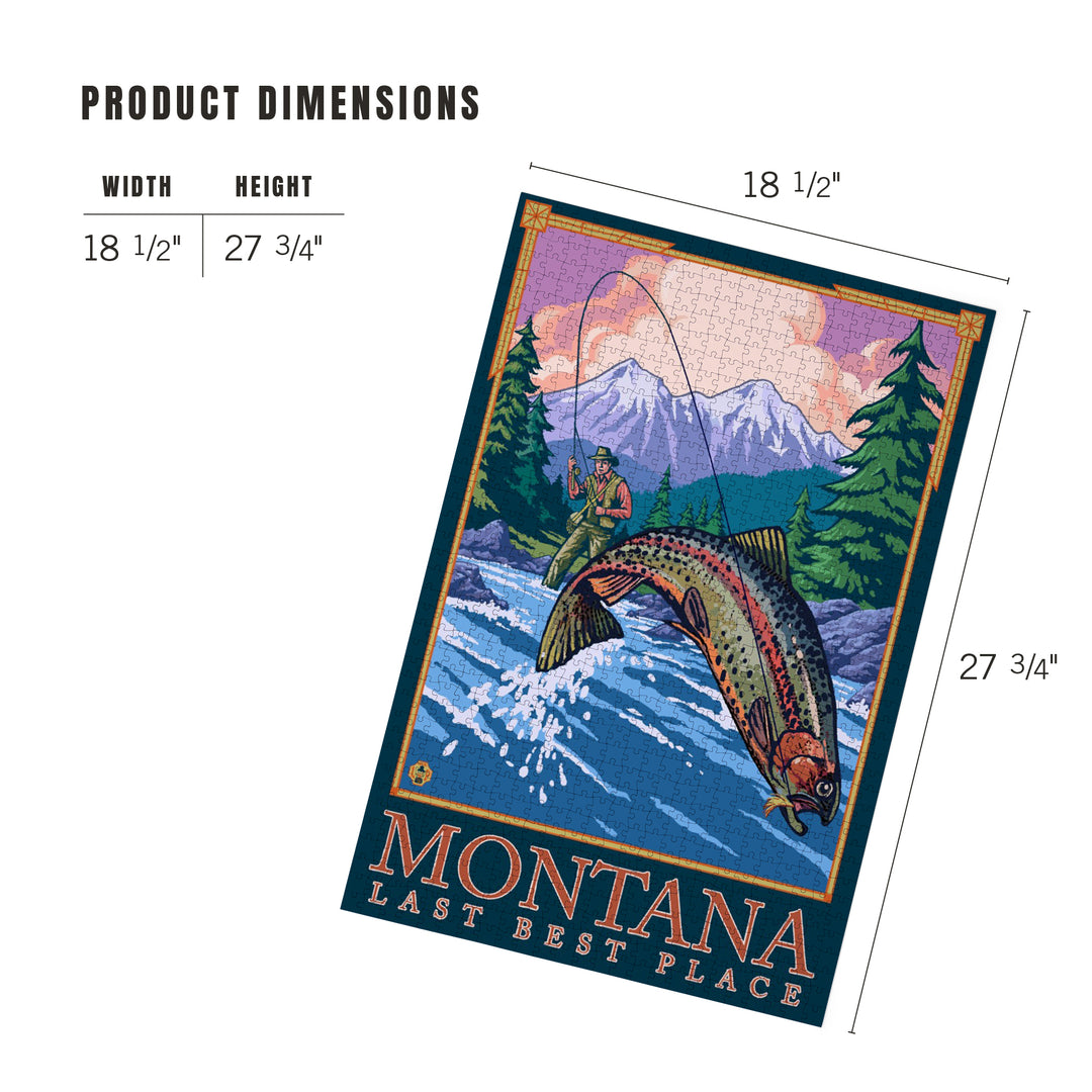 Montana, Last Best Place, Angler Fly Fishing Scene (Leaping Trout), Jigsaw Puzzle