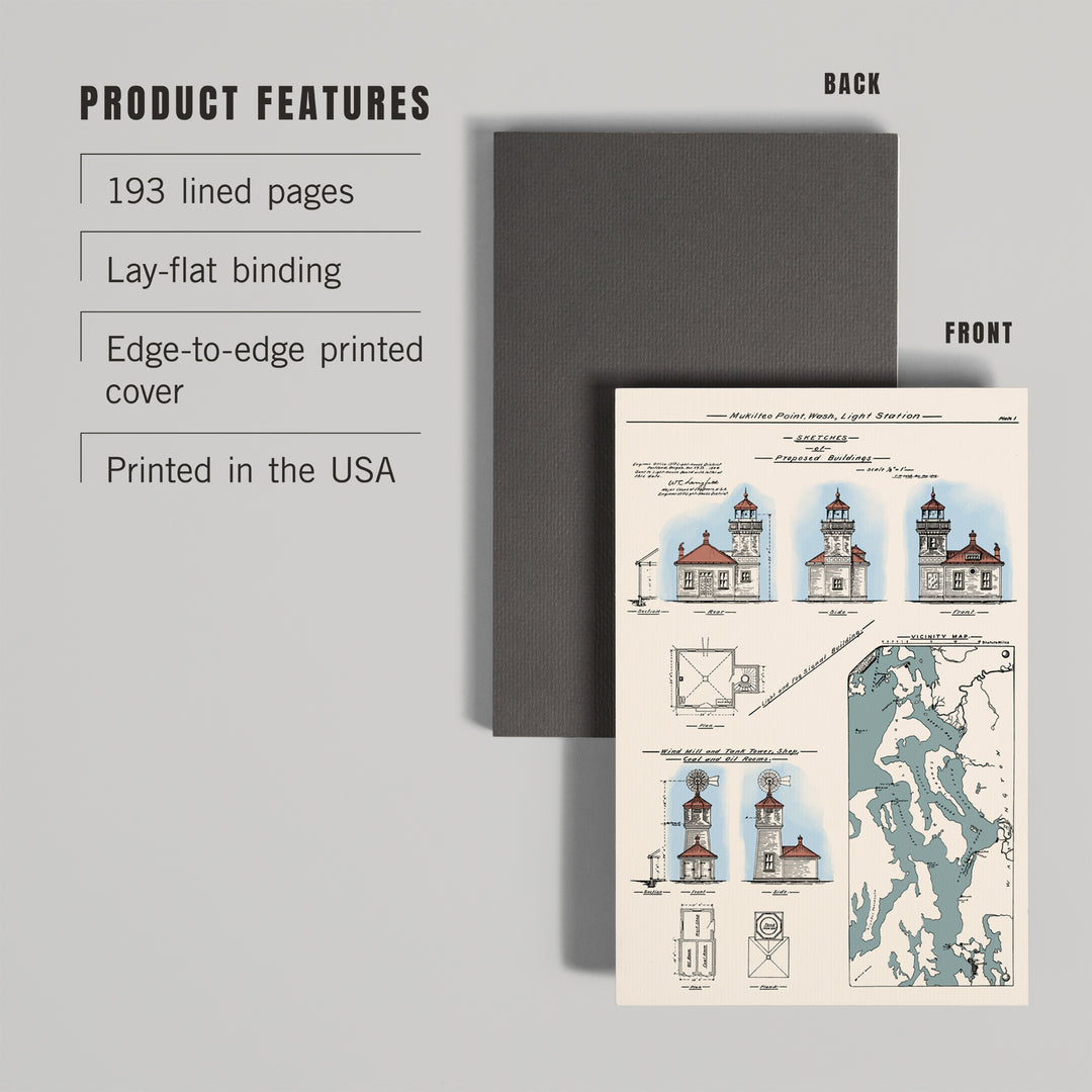 Lined 6x9 Journal, Mukilteo Lighthouse, Washington, Technical Drawing, Lay Flat, 193 Pages, FSC paper