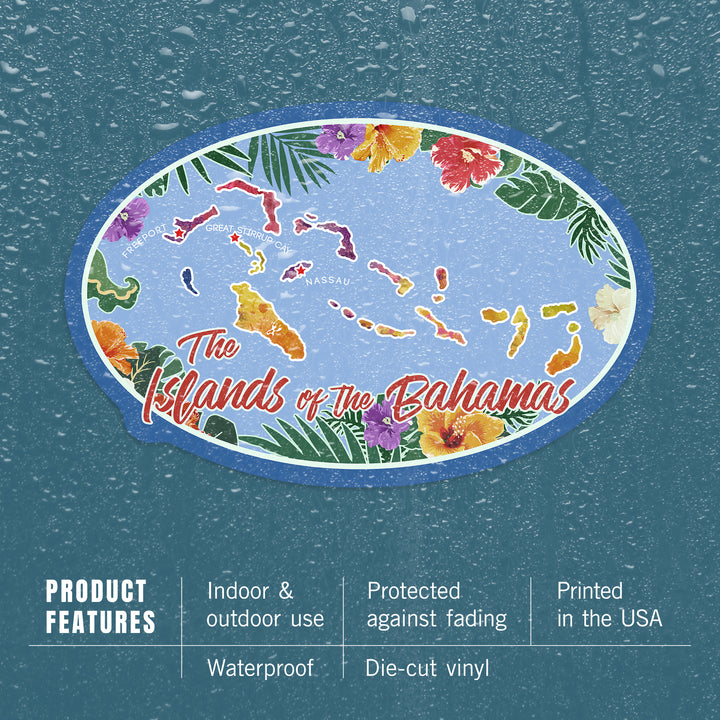 Bahamas, Tropical Palm Fronds Wreath and Islands, Contour, Vinyl Sticker