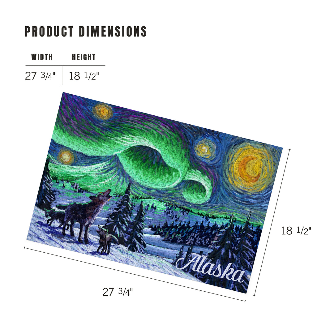 Alaska, Northern Lights with Wolf and Cubs, Starry Night, 1000 Piece Jigsaw Puzzle
