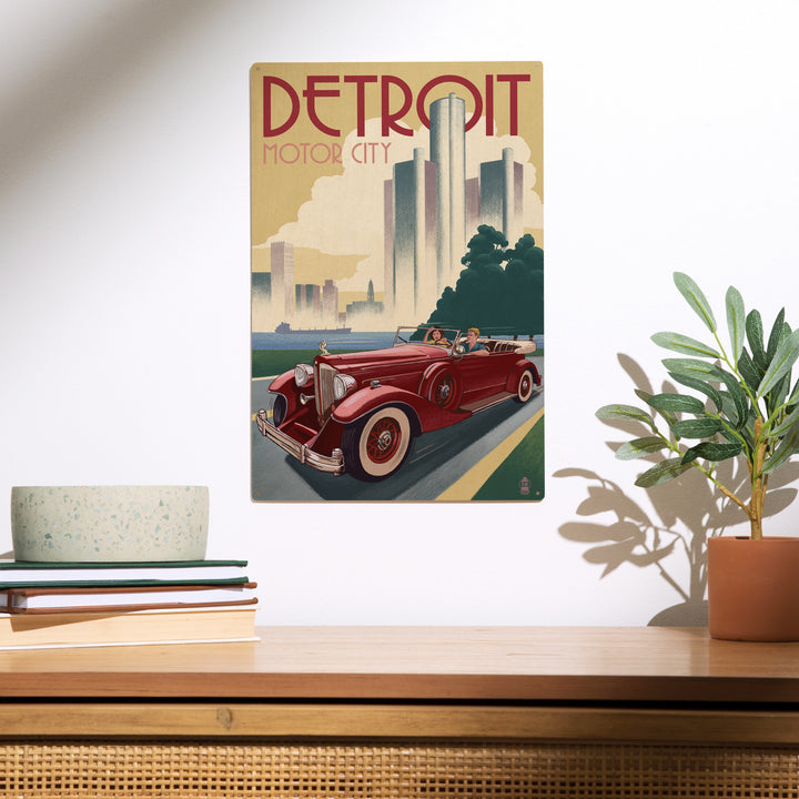 Detroit, Michigan, Vintage Car and Skyline, Wood Sign and Postcards