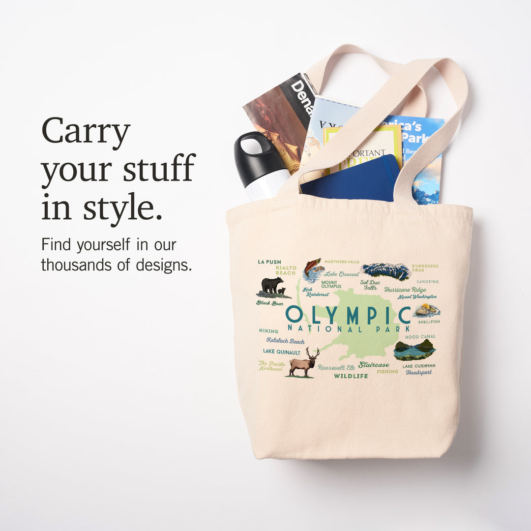 Olympic National Park, Washington, Typography and Icons, Tote Bag