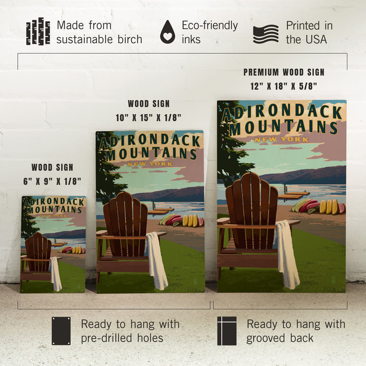 Adirondack Mountains, New York, Adirondack Chair & Lake, Lantern Press Artwork, Wood Signs and Postcards
