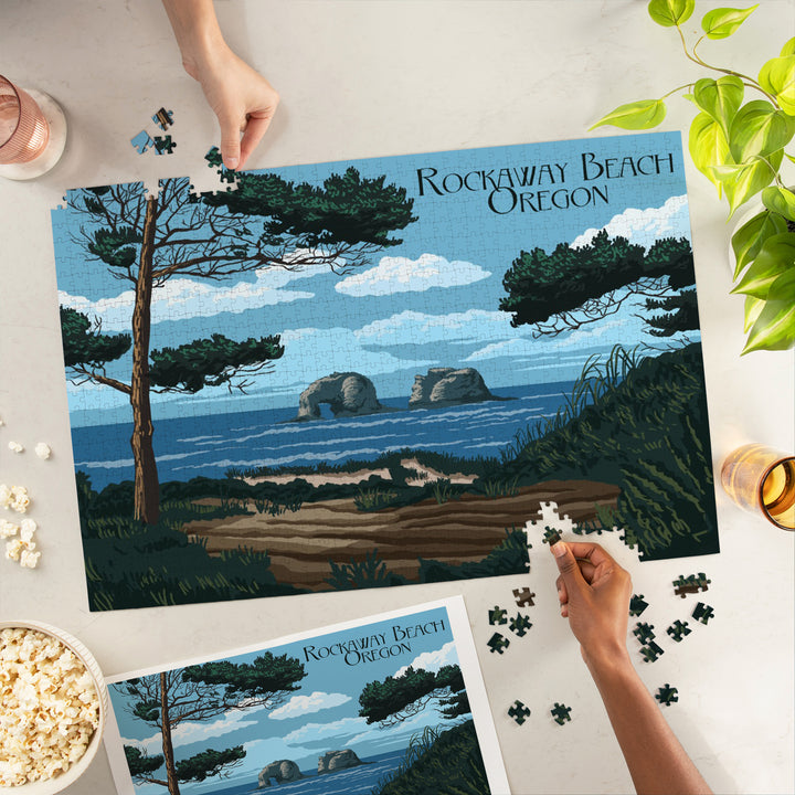 Rockaway Beach, Oregon, Painterly, Twin Rocks, 1000 Piece Jigsaw Puzzle