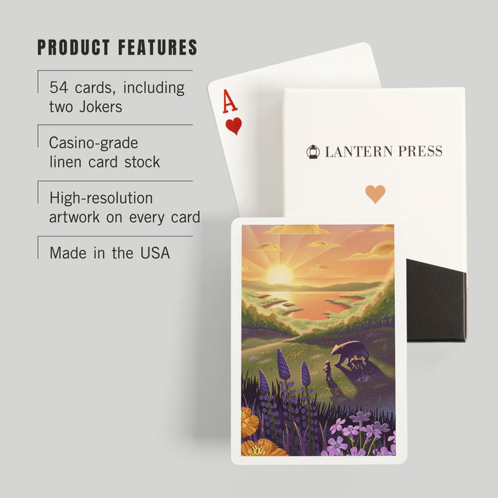 Playing Cards, Lithograph, Bear and Spring Flowers, Lake, 52 Card Deck with Jokers in Box, Unique Art