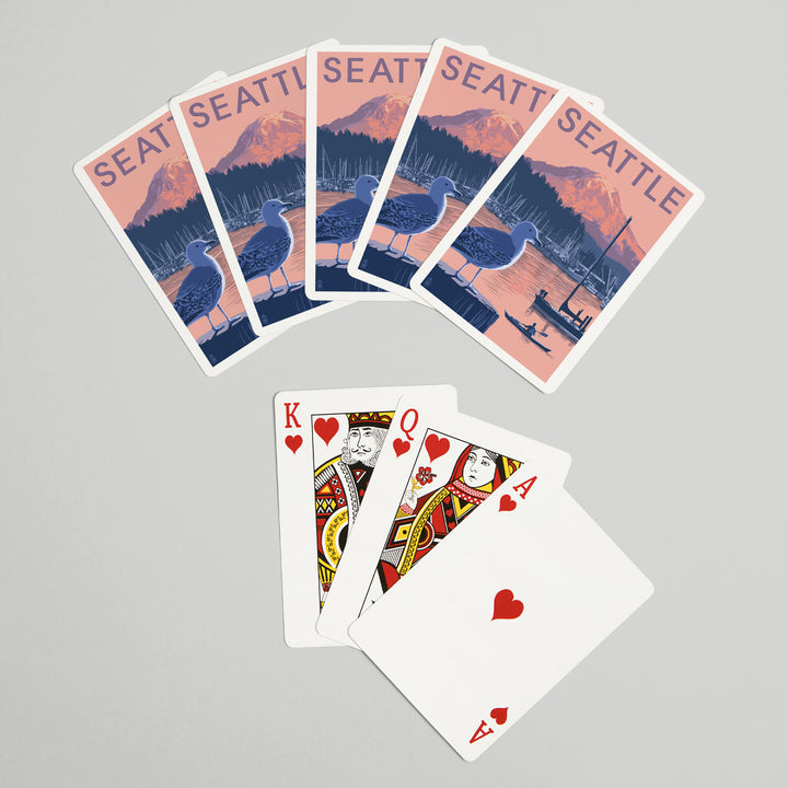 Playing Cards, Seattle, Washington, Marina and Rainier at Sunset, 52 Card Deck with Jokers in Box, Unique Art