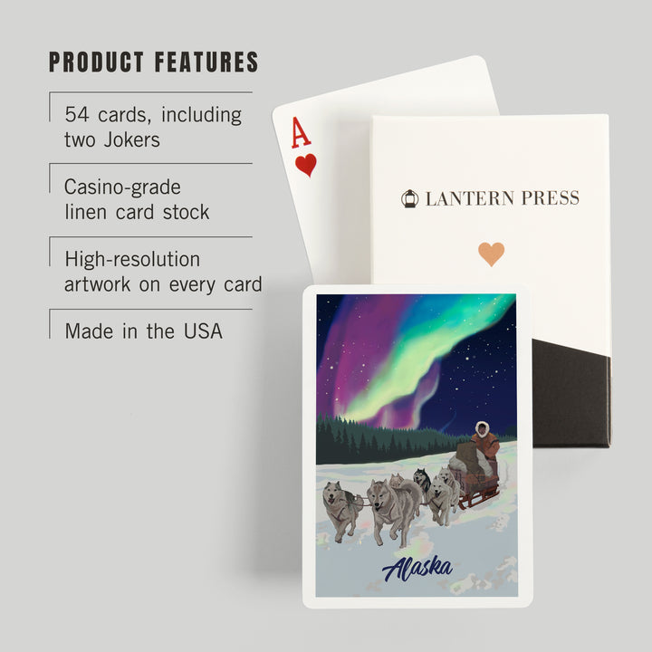 Playing Cards, Alaska, Northern Lights, Dog Sled, 52 Card Deck with Jokers in Box, Unique Art