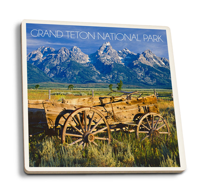 Grand Teton National Park, Wyoming, Wagon and Mountains, Coaster Set