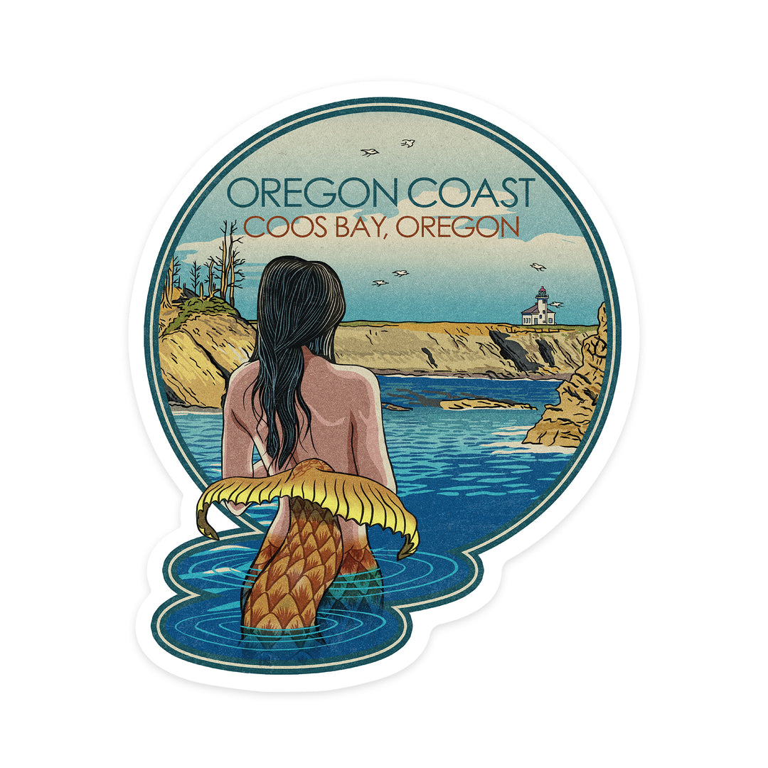 Coos Bay, Oregon, Mermaid Japanese Woodblock, Contour, Vinyl Sticker